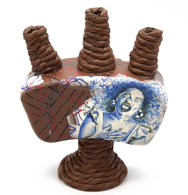 6 Black Joy, 8¼ in. (21 cm) in height, brown stoneware, slip, underglaze, fired to cone 5 in an electric kiln, 2023.
