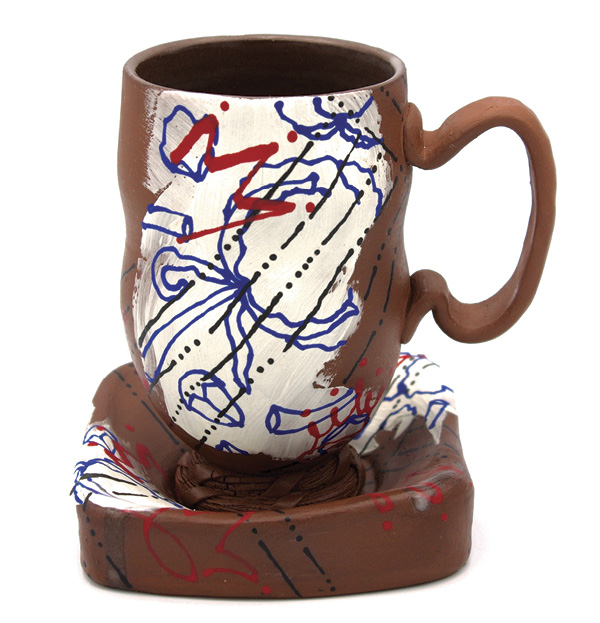8 Untitled (Cup w/ Saucer), 4¾ in. (12 cm) in height, brown stoneware, slip, underglaze, fired to cone 5 in an electric kiln, 2023.