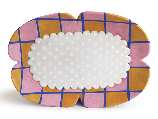 2 Naomi Peterson’s Patchwork Plate, 10½ in. (27 cm) in length, handbuilt white stoneware, underglaze, glaze, fired to cone 5, liquid quartz, 2023.