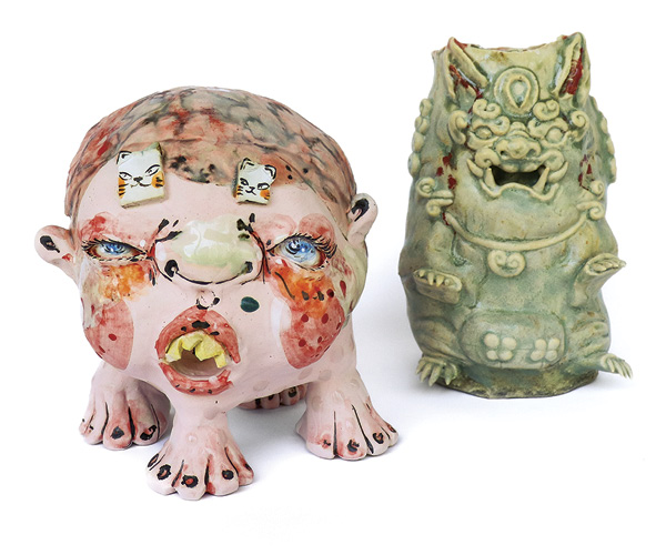 1 Sami Tsang’s Grumpies Cuppies, 4¾ in. (12 cm) in height (each), coil-built and altered stoneware, recycled clay, color slip, glaze, fired to cone 6 in an electric kiln, 2023.