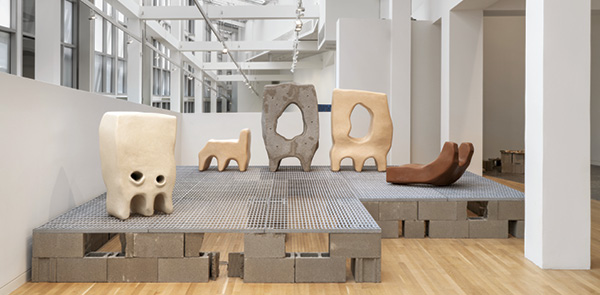 1 Jumana Manna’s Ghost (foreground), Family (background), and Darsa (right) (Cache Series, installation view), to 4 ft. 4 in. (1.3 m) in height, ceramic, concrete, lime, and pigments, 2022.