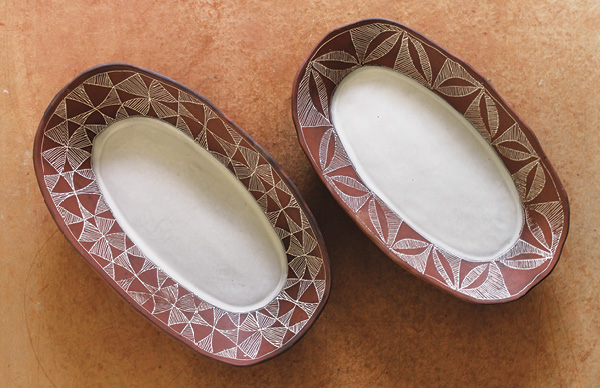 7 These two finished plates showcase both a sidewall height and pattern difference, yet still stack and communicate as a pair.