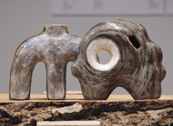 1 Miwa Neishi’s (left to right): Creek, 6½ in. (16.5 cm) in width, clay, glaze, 2024; Orbit, 6 in. (15.2 cm) in width, clay, glaze, 2024. Photo: Reagan West-Whitman.