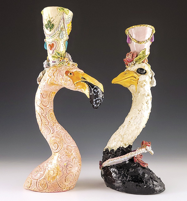 2 Susan Bergman’s Steinway McBeakbwok and Vivica von Bwokstein, to 16¾ in. (42.5 cm) in height, cone-5 stoneware, porcelain slips, glazes, luster, 2024.
