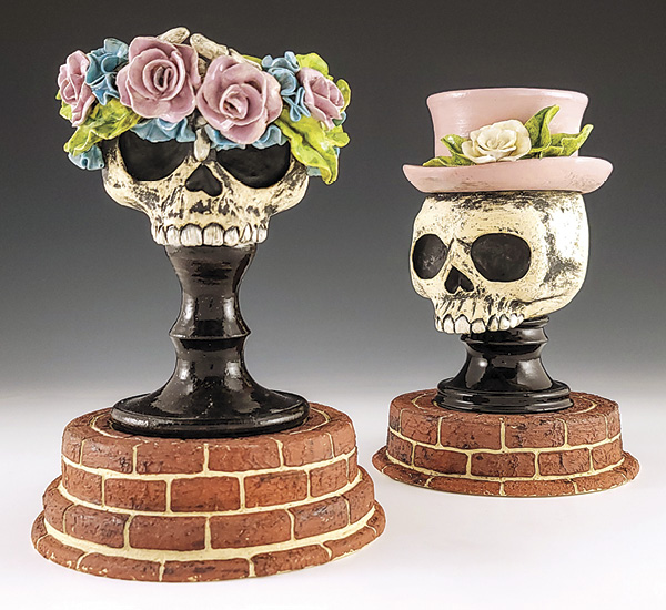 3 Andrea Garcia’s Madame Rose and Uncle Jocko, to 9¼ in. (23.5 cm) in height, stoneware, slips, underglaze, glaze, fired to cone 6 in an electric kiln, 2024.