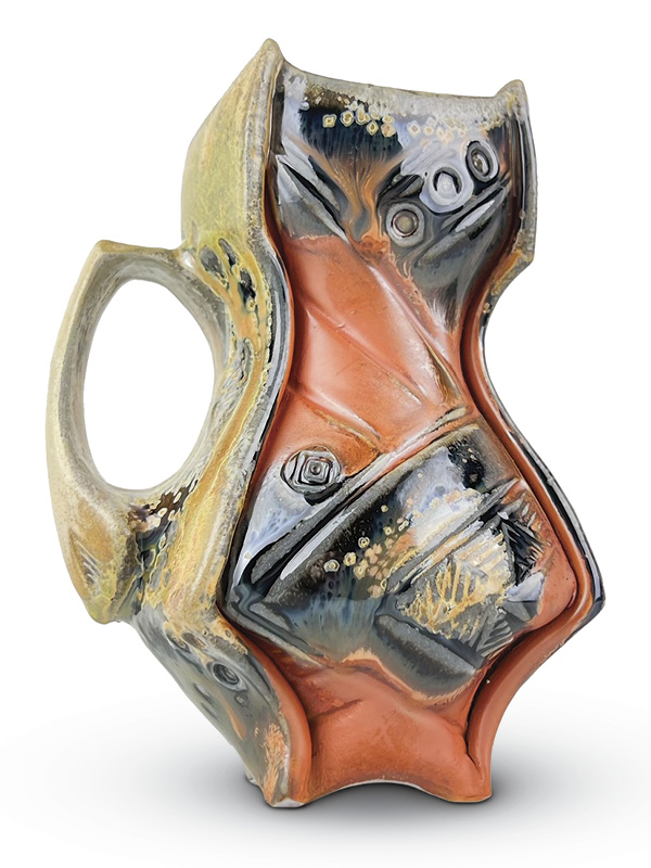 Samuel Newman's Atomic Flame Maker’s Mug, 5½ in. (14 cm) in height, Laguna B-Mix 10 (porcelaneous stoneware), thin spray application of Murphy’s Flashing Slip, fired to cone 12 in a 108-hour wood-fired anagama kiln, 2023.