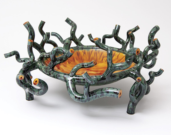 4 Walter Keeler's Flailed Hedge Bowl, 17⅜ in. (44 cm) in width, earthenware, green polychrome, fired in an electric kiln, 2017. Photo: Goldmark Gallery.