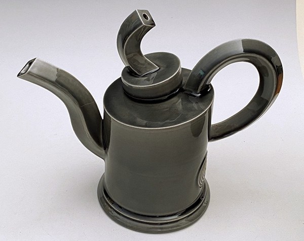 5 Walter Keeler's Teapot, 7⅞ in. (20 cm) in height, earthenware, ink wash glaze, fired to cone 4–6 in an electric kiln, 2024.