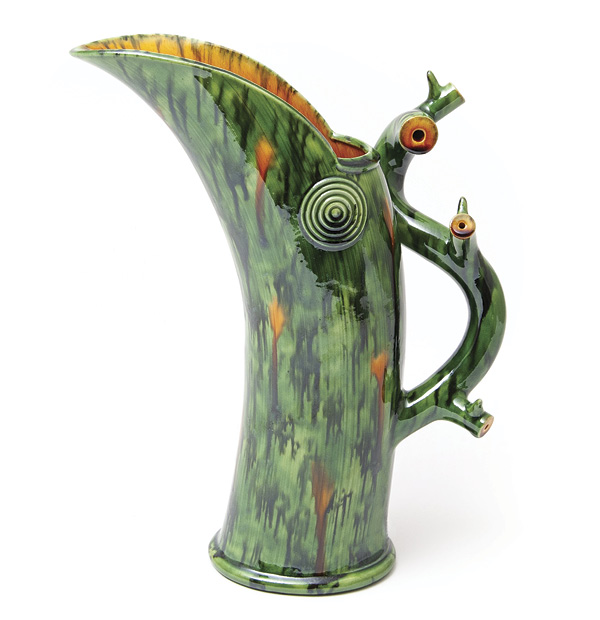 6 Walter Keeler's Medium Extruded Jug with Branched Handle, 11¾ in. (30 cm) in height, earthenware, green polychrome, fired in an electric kiln, 2017. Photo: Goldmark Gallery.