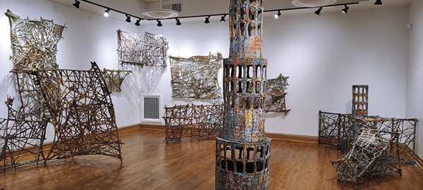1 Danielle O’Malley’s Where the Deer and the Antelope Played, varied dimensions, handbuilt earthenware paper clay, unfired adobe clay, bound willow branches (locally and ethically sourced), woven upcycled fabric (bedsheets) with unfired adobe clay,