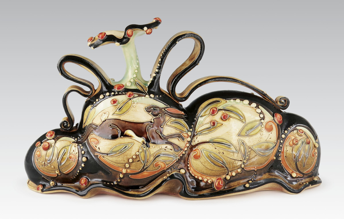 1 Carol Long's Running Hare Bottle, 13½ in. (34.3 cm) in length, handbuilt, altered, textured, and slip-trailed Laguna B-Mix Cone 5 clay, stain, glaze, fired in oxidation to cone 5, 2024.