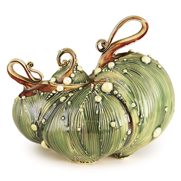 3 Carol Long's Forest Green Lidded Jar, 7 in. (17.8 cm) in width, wheel-thrown, altered, and slip-trailed B-Mix Cone 5 clay, stain, glaze, fired in oxidation to cone 5, 2018.