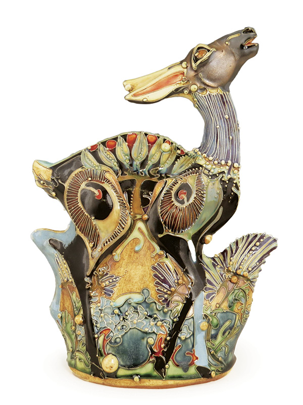 5 Carol Long's Deer in Sandhill Plums, 12½ in. (31.8 cm) in height, wheel-thrown, altered, and slip-trailed B-Mix Cone 5 clay, stain, glaze, fired in oxidation to cone 5, 2016.
