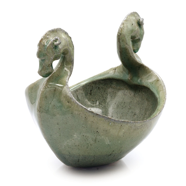1 Eric Ordway’s blue ale bowl, 10 in. (25.4 cm) in length, stoneware, celadon glaze, fired to cone 11 in a soda kiln, 2023.