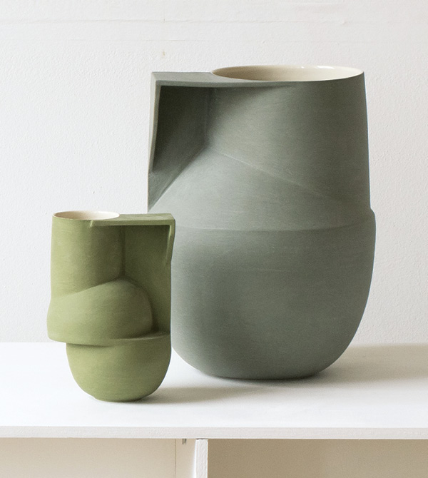 1 Constructed Vessels, wheel-thrown and assembled porcelain, colored engobe, 2019. Photo: Nic Eames.