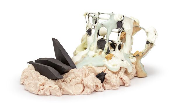 8 Adam Shiverdecker’s Absurd Mug, 10½ in. (27 cm) in width, porcelain, basalt clay, nichrome wire, 2023.