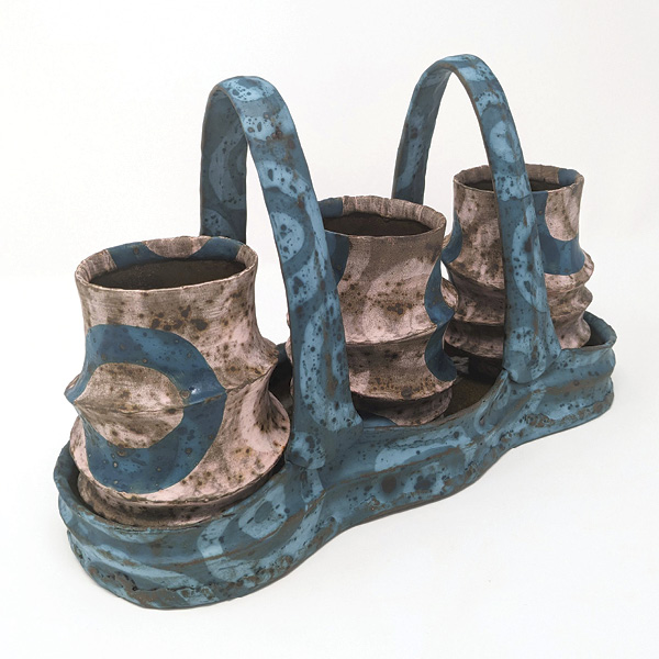 1 Kate Marotz’ Petal Pink Tumblers and Tray, 12 in. (30 cm) in width, stoneware, terra sigillata, glaze, fired to cone 4 in oxidation, 2023.