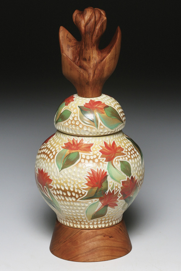 3 Tom Hubert’s Cherry Flower Jar, 15 in. (38.1 cm) in height, porcelain, cherry hardwood, 2025.