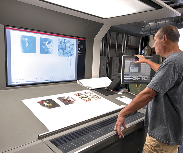 3 Catalog printing day at AZ Litho in Tucson, Arizona. A sharp-eyed employee is checking the cyan ink settings by eye and by computer for the lithographic printing process.