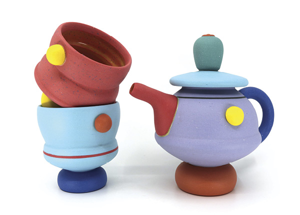 1 Chris Alveshere's Tea set, to 8 in. (20.3 cm) in width, colored porcelain, fired to cone 9, 2024.