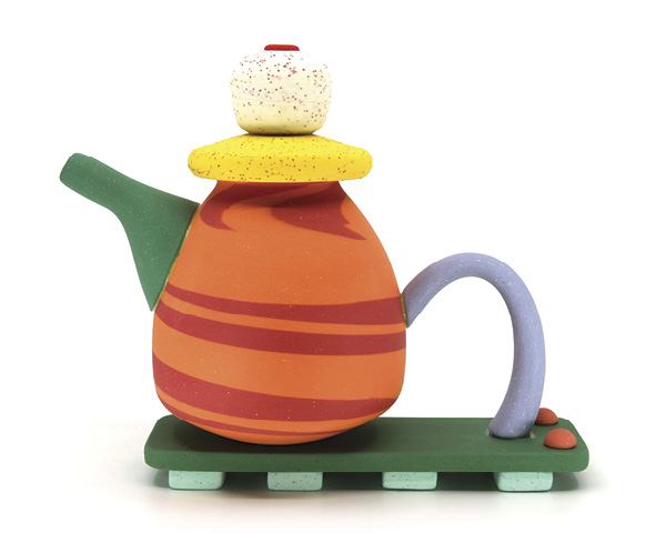 2 Chris Alveshere's Orange Swirl Sculptural Teapot, 9 in. (22.7 cm) in diameter, colored porcelain, handmade grog, fired to cone 9, 2025.