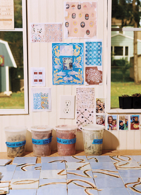2 Images from Poag’s studio wall and an in-process tile project.