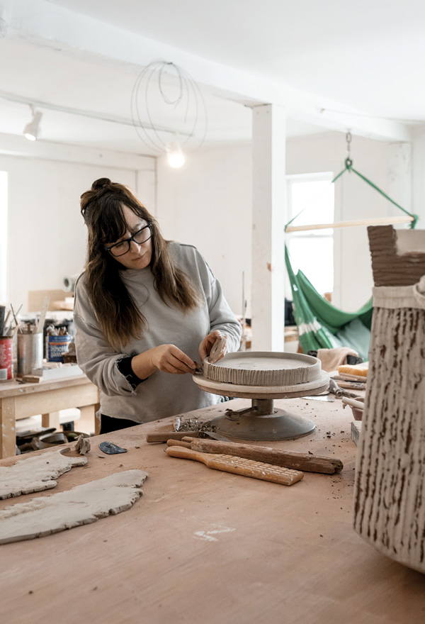 1 Ani Kasten working in her studio on the lower level of her renovated barn. Photo: Rana Monet.