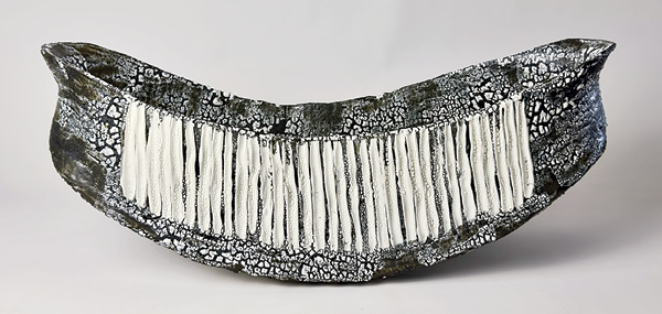 8 Black and White Trough, 26 in. (66 cm) in width, dark stoneware, porcelain, slips, glazes, 2024.