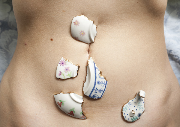3 Jennifer Ling Datchuk’s One Tough Bitch, 30 in. (76.2 cm) in width, photograph/documentation of porcelain shards, china paints, gold leaf, edition 1/8, 2019.