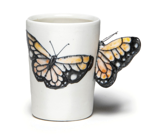 1 Autumn Higgins’ cup, 5 in. (12.7 cm) in width, wheel-thrown and assembled porcelain, sgraffito, stains, underglazes, glazes, fired in oxidation to cone 10. Photo: Silvia Palmer.