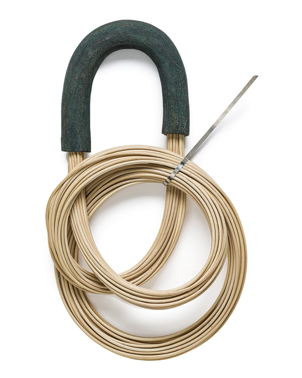 4 Ellen Kleckner’s Echoes Without End, 15 in. (38.1 cm) in height, ceramics, reed, stainless steel, 2024.