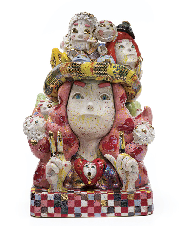 6 Joon Hee Kim’s Love Wins, 25 in. (63.5 cm) in height, ceramic, glaze, gold luster, mother-of-pearl luster, 2024.