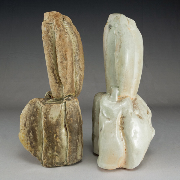2 Luke Sheets’ Diptych, 12 in. (30.5 cm) in height, altered and assembled slip-cast porcelain, glaze, fired to cone 10 in a wood kiln, 2024.