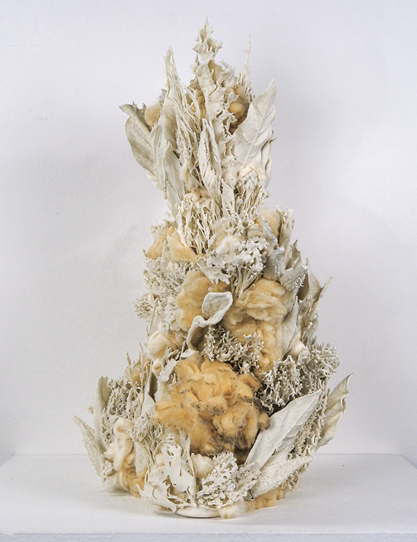 1 Molly Altman’s Bloom Theory, 28½ in. (72.4 cm) in height, porcelaneous stoneware, fired to cone 5, cotton roving, sheep’s wool, epoxy, 2025.