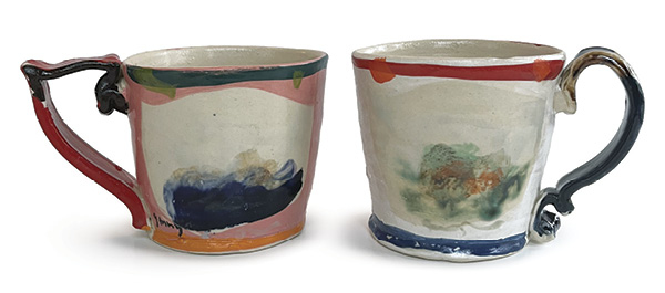 2 Staffordshire-inspired Cups, 5 in. (12.7 cm) in width, stoneware, underglazes, oxides, 2024.