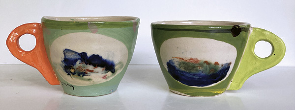 4 Signature Cups, 4½ in. (11.4 cm) in width, stoneware, underglazes, oxides, 2024.