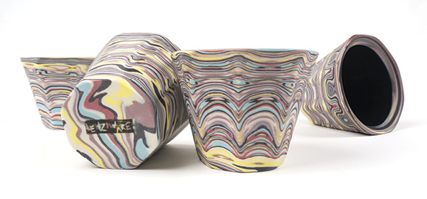Haakon Lenzi's Faceted agateware rocks cups, 4 in. (10.2 cm) in height each, colored porcelain, glaze, fired in oxidation to cone 8, 2021.