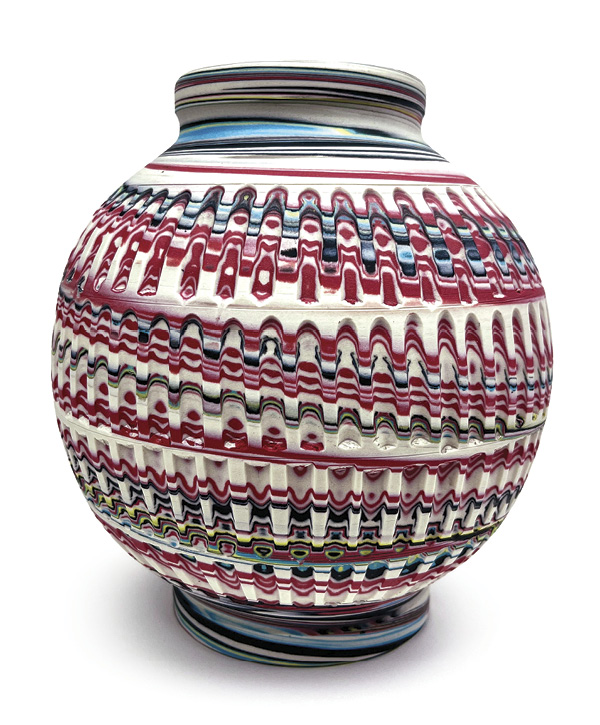 Haakon Lenzi's Fluted agateware vase, 14 in. (35.6 cm) in height, colored porcelain, glaze, fired in oxidation to cone 8, 2025.