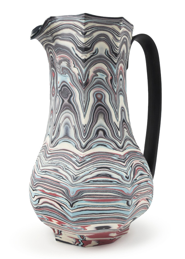 Haakon Lenzi's Faceted agateware pitcher, 10½ in. (26.7 cm), colored porcelain, glaze, fired in oxidation to cone 8, 2021.