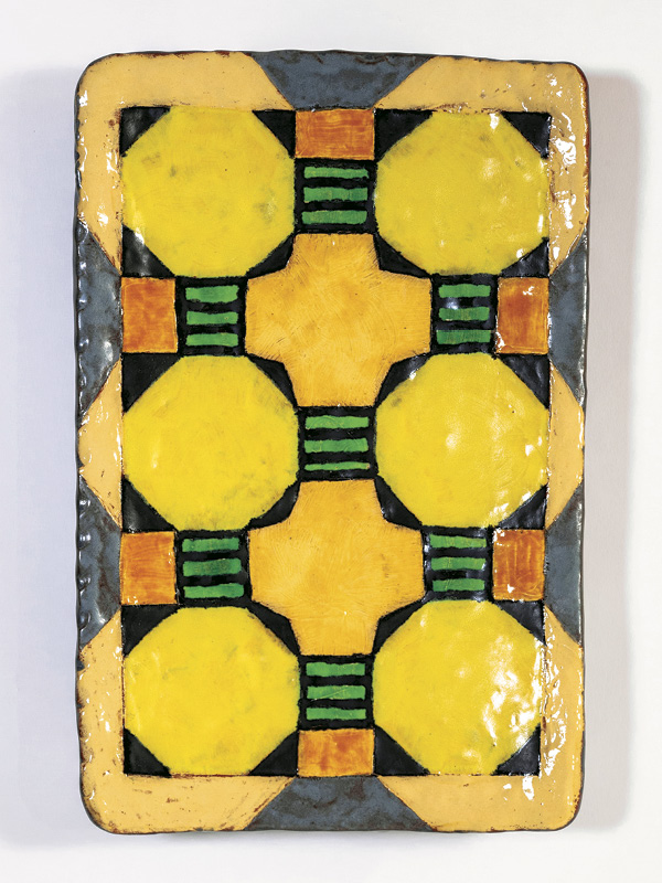 10 Palette: Octagons, 12½ in. (31.8 cm) in length, 2025. All work: handbuilt red earthenware, colored slips, glazes, fired to cone 04 in an electric kiln.