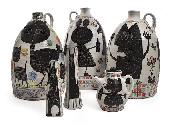 Collection of Kurt Anderson's pots, up to 23 in. (58.4 cm) in height, stoneware, slip, glaze, fired to cone 6 in electric kiln, 2026. Photo: Betsy Dewitt.