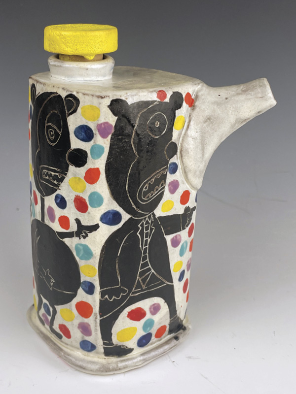 7 Kurt Anderson's Pouring pot, 6 in. (15.2 cm) in height, stoneware, slip, glaze, fired to cone 6 in electric kiln, found cork, 2026.