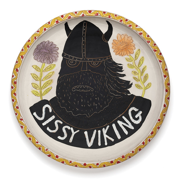 Kurt Anderson's Sissy Viking Platter, 25 in. (63.5 cm) in diameter, stoneware, slip, glaze, fired to cone 6 in electric kiln, 2024. Photo: Brady Connelly.