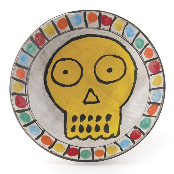Kurt Anderson's Skull Plate, 9 in. (22.9 cm) in diameter, 2025. Stoneware, slip, glaze, fired to cone 6 in electric kiln. Photo: Betsy Dewitt.