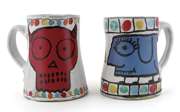 Kurt Anderson's Red Devil and Blue Dog Mugs, 6 in. (15.2 cm) in height, 2026. Stoneware, slip, glaze, fired to cone 6 in electric kiln. Photo: Betsy Dewitt.