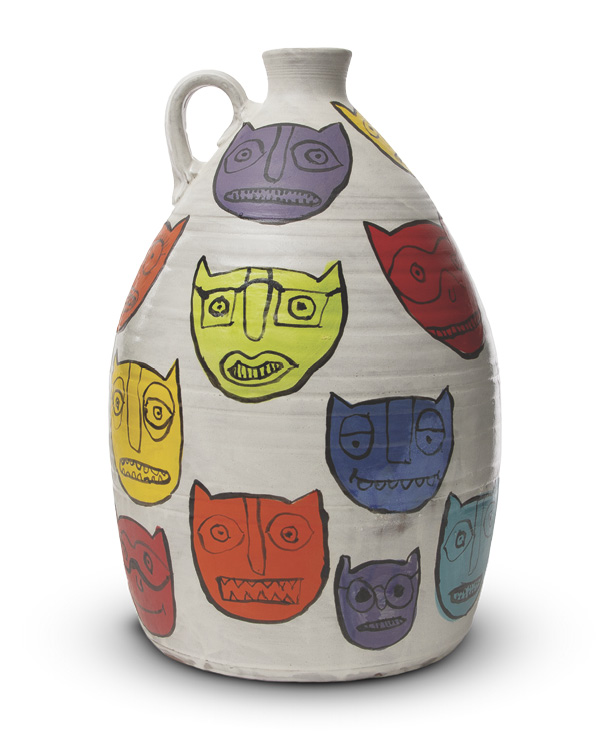 Kurt Anderson's Cat Faces Jug, 21 in. (53.3 cm) in height, 2026. Stoneware, slip, glaze, fired to cone 6 in electric kiln. Photo: Betsy Dewitt.