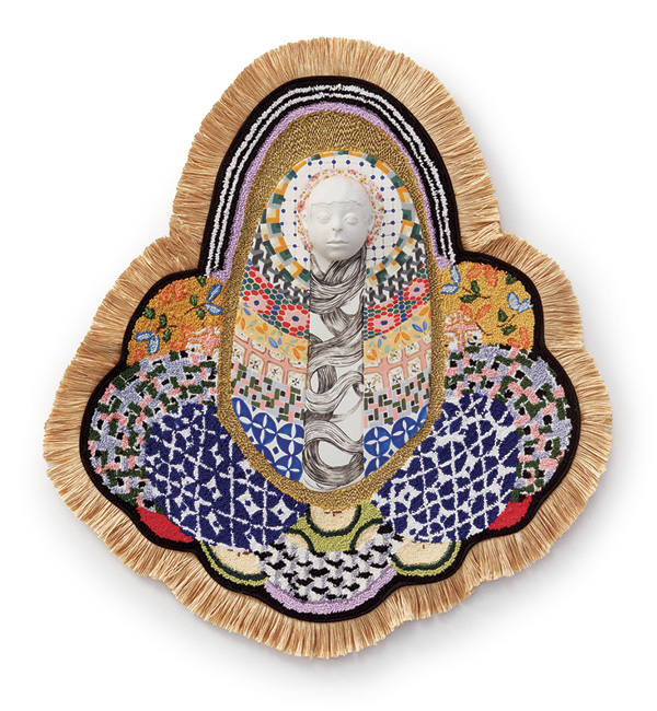 3 April Felipe’s She held her breath, 16½ in. (41.9 cm) in height, handbuilt porcelain, underglaze, cotton fiber, pastels, wood, gold fringe, punch embroidery.