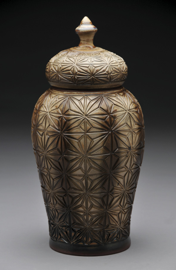 3 Bradley Keys’ Kumiko Prairie Fields Storage Jar, 13½ in. (34 cm) in height, hand-carved stoneware, glaze, 2026.