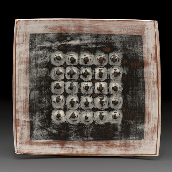 2 William Brouillard’s Rectangle Rivet Platter #6, 15 in. (38.1 cm) in width, red earthenware, vitreous engobes, fired in oxidation to cone 04, 2025.