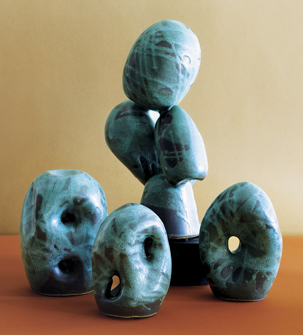 1 David Haskell’s (left to right) Pierced Sculpture #13 (2024), Pierced Sculpture #11 (2024), Assemblage Sculpture #8 (2025), Pierced Sculpture #12 (2024), to 15¼ in. (38.7 cm) in height, ceramic, glaze. Photo: Eric McNatt.